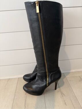 Vince Camuto Black Leather Over-The-Knee Boots with Gold Zipper Pulls